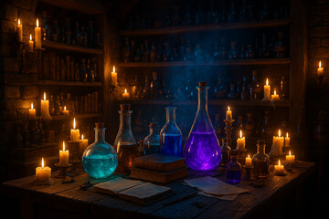 AI generated fantasy potion lab filled with glowing bottles warm candlelight and mysterious atmosphere blending magical elements with medieval charm perfect for games stories and posters