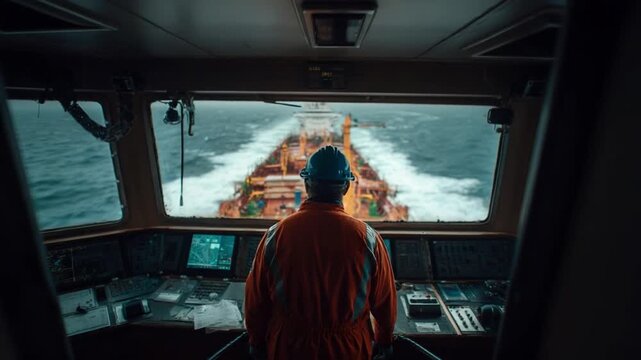 The Captain's Vantage Point: A focused captain steers a vessel from the bridge, with a commanding view of the vast ocean. A portrait of duty, leadership, and maritime exploration.