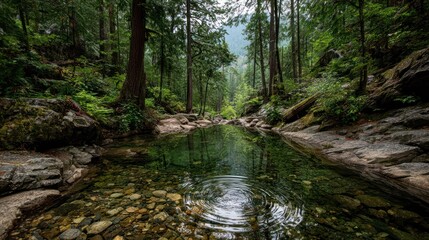 Obraz premium Tranquil forest river with crystal clear water, natural rocks, and vibrant green trees in a serene woodland setting.