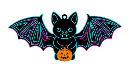 Festive Bat with Pumpkin: This image features a charming cartoon bat, its silhouette outlined in vibrant neon, clutching a cheerful jack-o'-lantern, perfect for Halloween and other celebrations. 