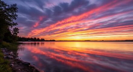 Vibrant sunset sky reflecting in calm water scenic landscape background
