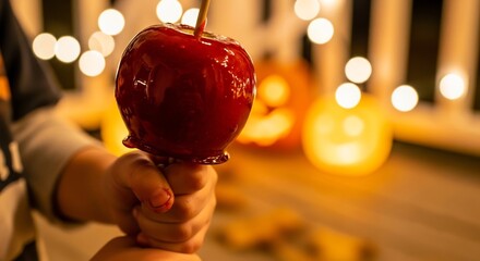 Child holds a red candy apple on a stick Pumpkins  string lights in background