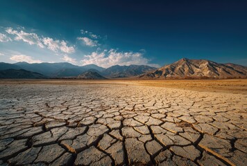 Dried lakebed stretches to mountains under a vibrant sky
