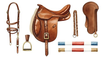 Watercolor illustration of equestrian equipment isolated on white background