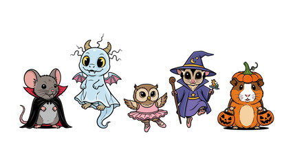 Whimsical Halloween Creatures: A collection of adorable, cartoonish creatures dressed in festive Halloween costumes, creating a delightful and playful atmosphere.