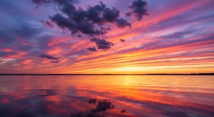 Vibrant sunset sky reflecting on calm water surface creating a colorful panorama