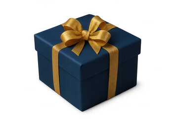 Obraz premium Blue gift box with golden ribbon and bow. Celebrating happy special occasions, presenting surprises, and holiday greetings