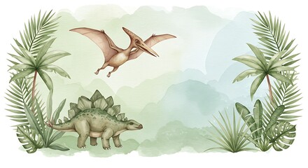 Watercolor illustration of dinosaurs in a tropical jungle setting