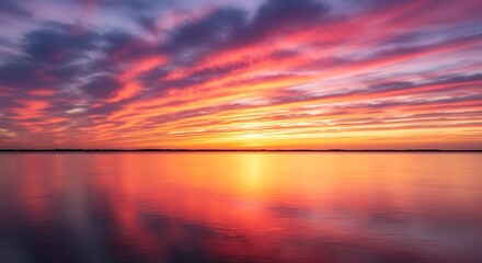 Vibrant sunset sky reflecting on calm water surface panoramic landscape
