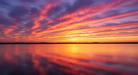 Vibrant sunset sky reflecting on calm water surface with colorful clouds