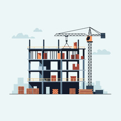 Fototapeta premium Building under construction with crane and materials.