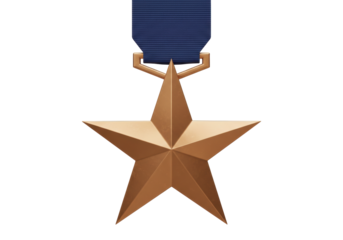 Isolated bronze star medal with blue ribbon military award for bravery service honor recognition achievement success victory courage heroism