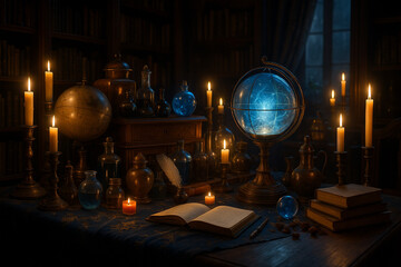 AI generated realistic fantasy wizard study room filled with glowing globes candles books and magical objects creating a mysterious enchanting medieval atmosphere perfect for fantasy projects
