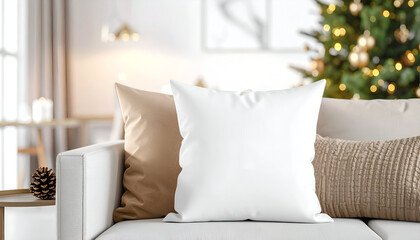 White and beige pillows on a white couch with Christmas tree.