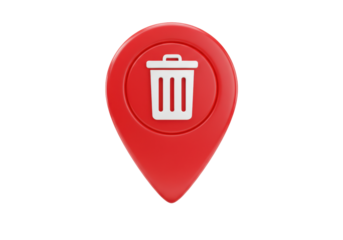 Isolated red map pin icon with white trash can symbol 3D render for deleting location data removing unwanted places or digital waste