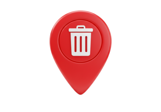 Isolated red map pin icon with white trash can symbol 3D render for deleting location data removing unwanted places or digital waste