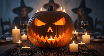 A carved pumpkin with glowing eyes sits on a table surrounded by candles with blurred figures in witch hats in the background