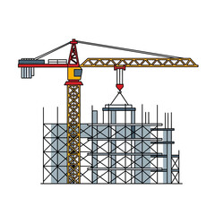 Crane lifting structure at construction site with scaffolding.