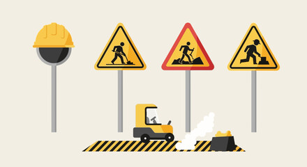 Construction signs and equipment on a light background.