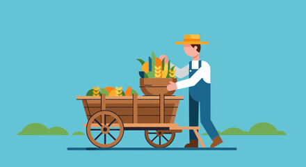 Farmer loads harvest into a wooden cart under a blue sky.