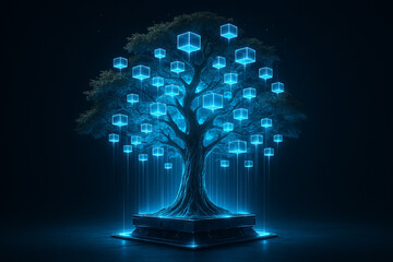 AI generated digital glowing tree blends nature and technology with blue light blocks and data flow atmosphere symbolizing innovation future network and sustainable growth in a sci fi style