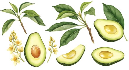 Watercolor illustration of fresh avocado halves and leaves with blooms