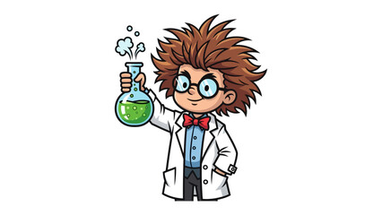 Mad Scientist's Experiment: A cartoon scientist, complete with disheveled hair and glasses, holds up a bubbling beaker with a vibrant green liquid, showcasing a lively and intriguing experiment.
