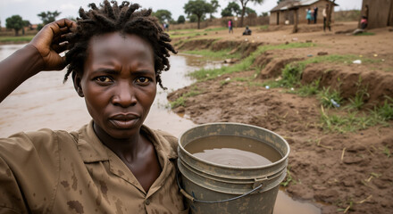 An African woman with a bucket of murky water stands by a river, reflecting water scarcity and daily struggle in her village.