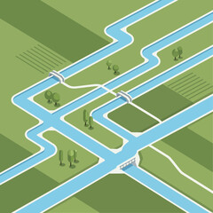 Isometric view of a river system with bridges and trees.