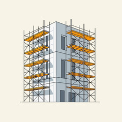 Building under construction with scaffolding and windows.