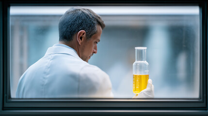 Scientist in laboratory coat holding glass beaker with yellow liquid near window, blurred background emphasizes research, discovery, and innovation with copy space.