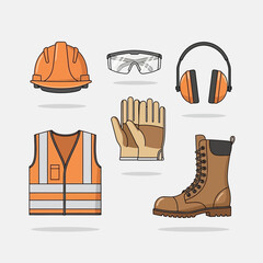Safety gear icons including helmet vest gloves boots goggles and headphones.
