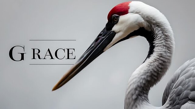 beautiful Whooping Crane with word grace striking red and white plumage