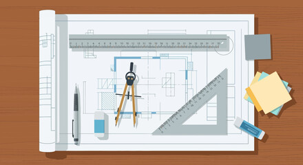 Drafting tools on architectural blueprints on a wooden desk.