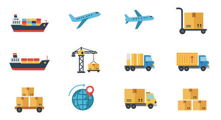 Icons depict transport modes ships planes trucks cart crane globe boxes