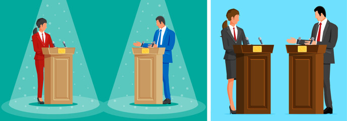 Woman and man politician on debate stage, election speech podium. Political debate concept for advertising and news.