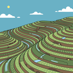 Rolling green hills with terraced fields under a blue sky.