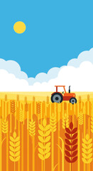 Tractor in a golden wheat field under a sunny sky.
