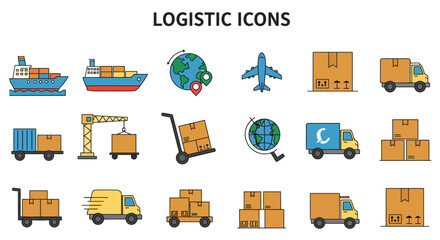 Many logistics icons are laid out against a white background with LOGISTIC ICONS written on top