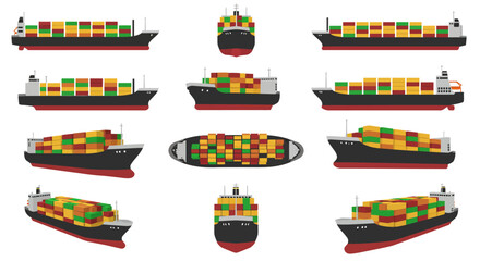 Multiple cargo ship views show stacks of containers in various orientations on white