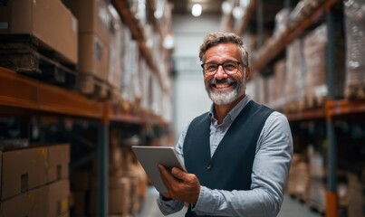 Warehouse manager using tablet in inventory management setting