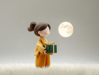 Girl in hanbok with gift box under glowing full moon for Chuseok celebration illustration