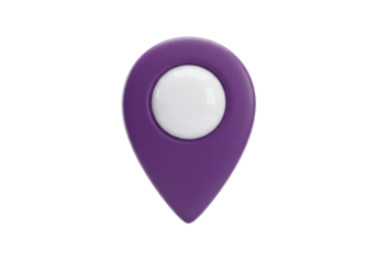 Isolated three dimensional purple map pin icon location marker navigation symbol pointer graphic element for digital interface design and web applications