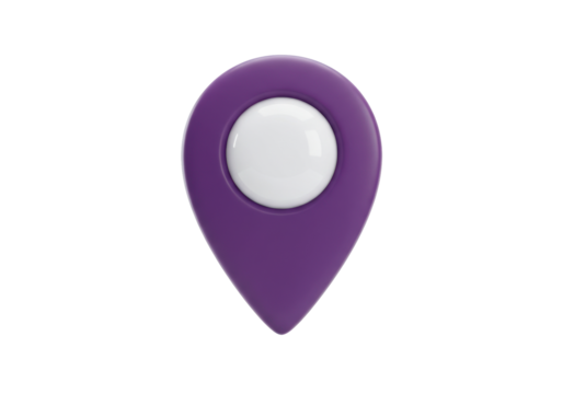 Isolated three dimensional purple map pin icon location marker navigation symbol pointer graphic element for digital interface design and web applications