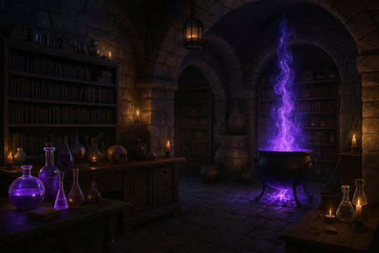 AI generated magical alchemy lab filled with glowing potions ancient stone walls and mysterious atmosphere perfect for fantasy design RPG games book covers and creative projects