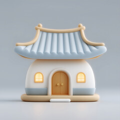 3D traditional hanok house icon with luminous blue glow