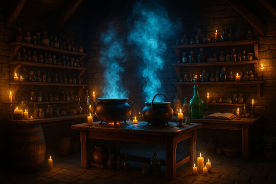AI generated fantasy potion lab scene with glowing blue mist candles herbs and old wooden interior creating a mysterious magical and medieval atmosphere for storytelling and creative projects