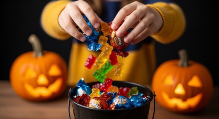 Hands add gummies wrapped candies to a bucket with jackolanterns on a wood surface