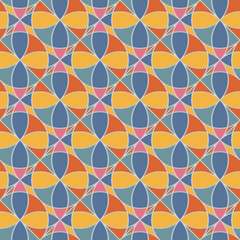 Vibrant retro geometric seamless pattern with colorful overlapping circular shapes, floral-inspired abstract design, perfect for modern home decor, textile prints, wallpapers, and creative digital bac