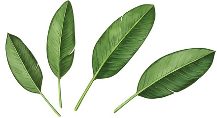 Watercolor illustration of green banana leaves isolated on a white background